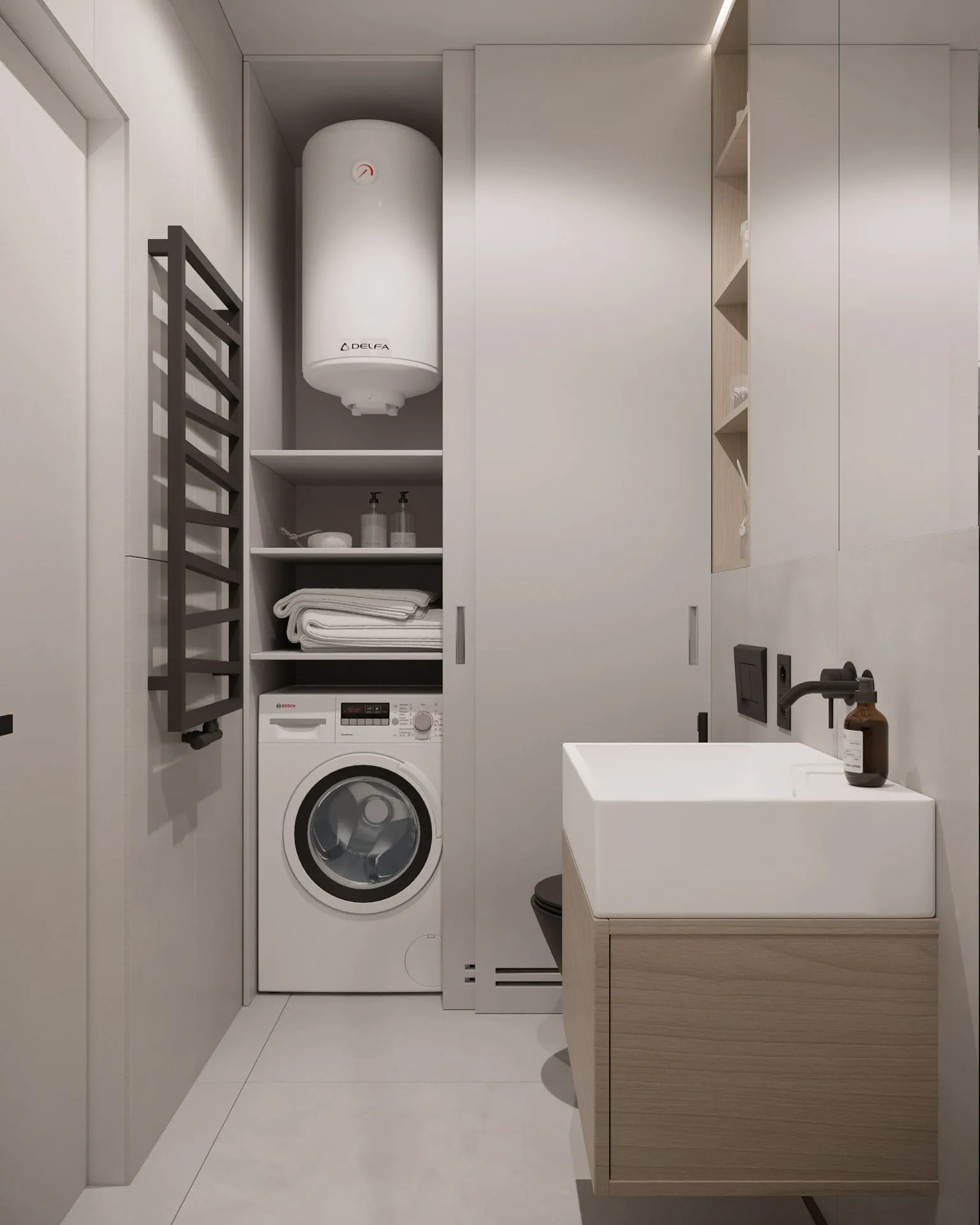 Мінімалістичний дизайн ванної з вбудованою шафою для пральної та сушильної машин